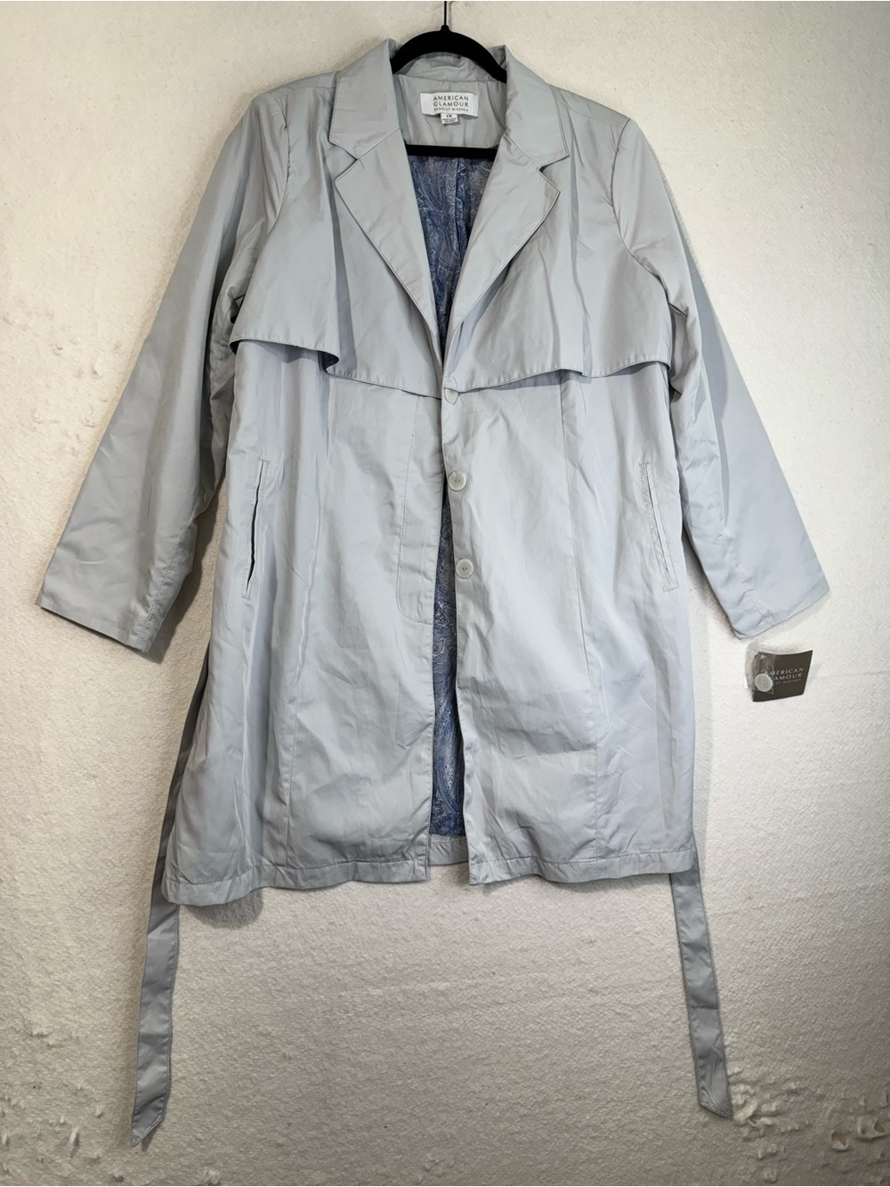 American Glamour Badgley Mischka Light Gray Belted Trench Coat Storm Flap 1X NWT